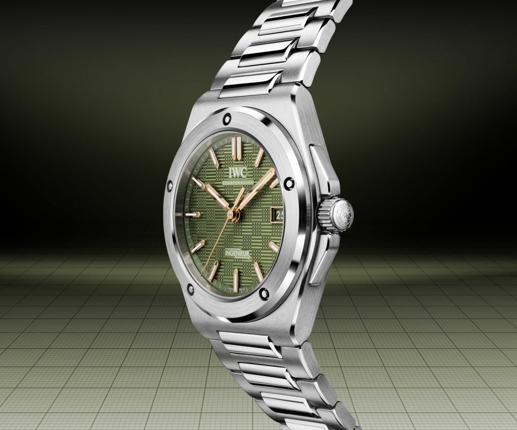 IWC Ingenieur Automatic 40 Ref. IW328908 limited edition featuring stainless steel case, vibrant green Grid-patterned dial, gold-plated hands and markers, and integrated steel bracelet.