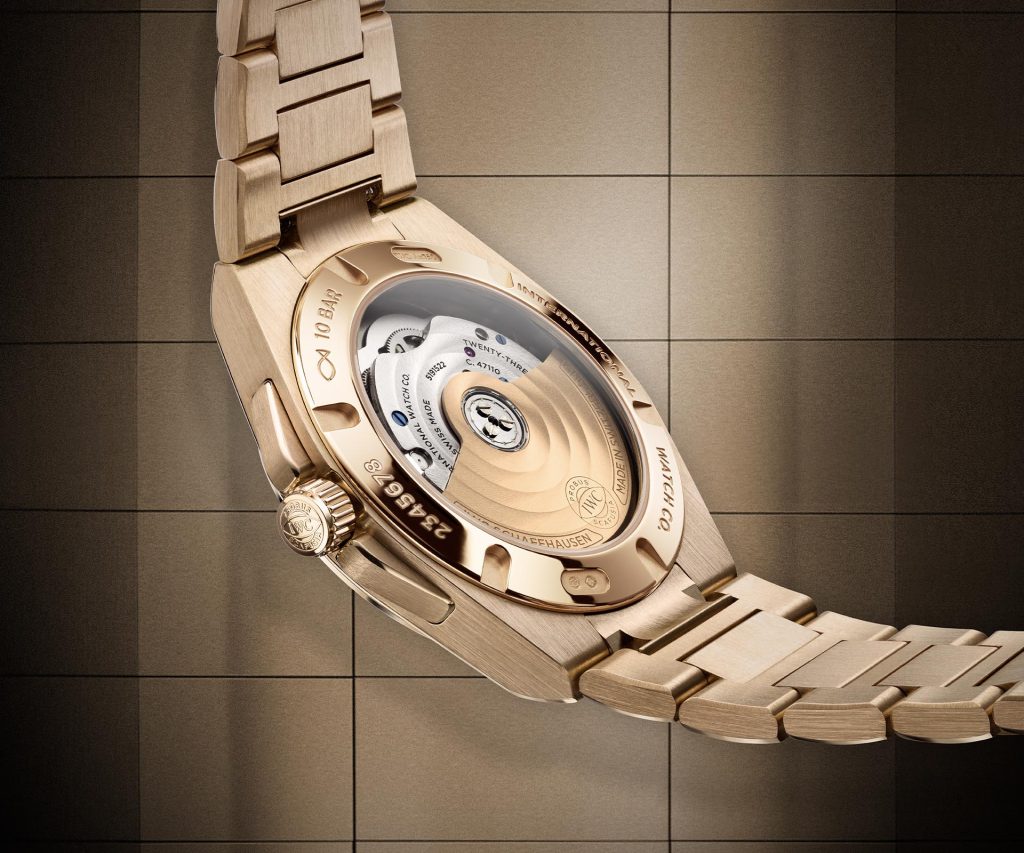Close-up comparison of the IWC Ingenieur Automatic 35 dials - gold-colored Grid pattern (Ref. IW324903), silver-plated Grid pattern (Ref. IW324901), and black Grid pattern (Ref. IW324906) with applied indices.